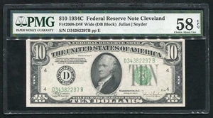FR. 2008-DW 1934-C $10 FRN FEDERAL RESERVE NOTE CLEVELAND, OH PMG AU-58EPQ - Picture 1 of 2