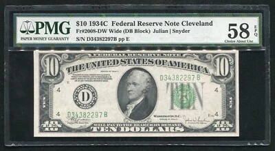 FR. 2008-DW 1934-C $10 FRN FEDERAL RESERVE NOTE CLEVELAND, OH PMG AU-58EPQ - Image 1 of 2