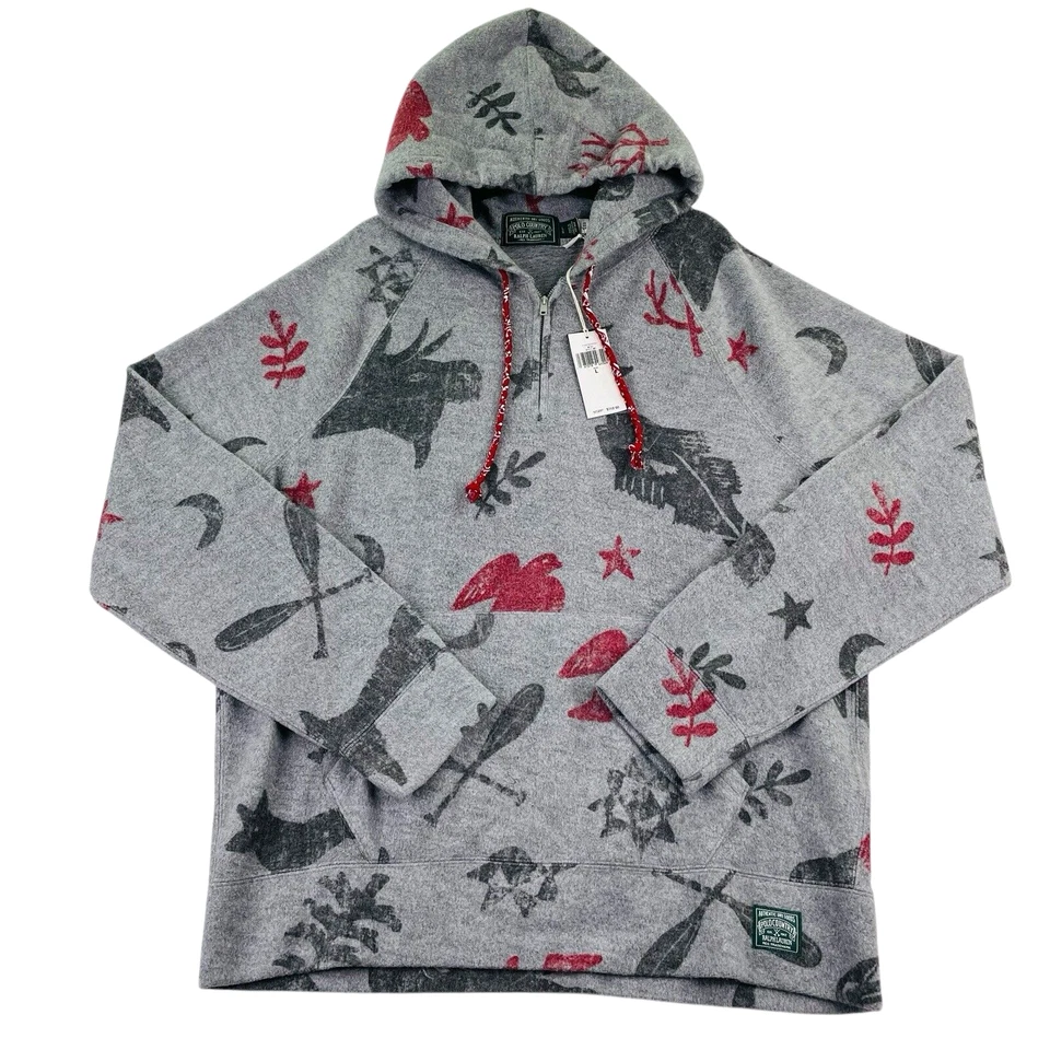 POLO COUNTRY RALPH LAUREN Sweatshirt XL Gray 1/4 Zip Hoodie Brushed Fleece
