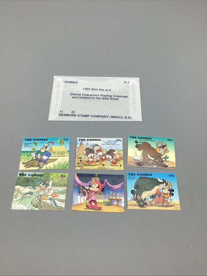 JUEGO DE 6 ESTAMPILLAS DE VAQUEROS E INDIOS DE GAMBIA DISNEY 1995 MNH GOOFY MICKEY MINNIE Foto 1 de 4
