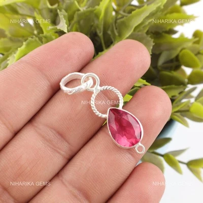 925 Argento Pera Rosa Naturale Tormalina Alla Moda Sorella Cuore Chakra Ciondolo - Immagine 1 di 4