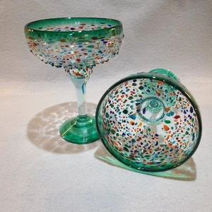 Mexican Confetti Hand blown Margarita Glass Green 12 Oz - Picture 1 of 3