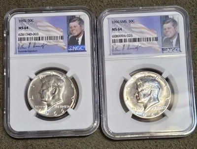 1965+1966 KENNEDY HALF DOLLARS  40% SILVER NGC MS64 & SMS-64 - Image 1 of 2
