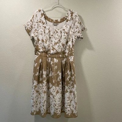 eSHAKTI Woven Crinkle Short Sleeve Midi Dress Full Skirt Lined, White/Tan - XL - Image 1 of 4