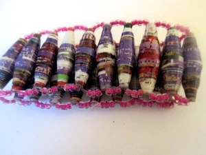 Girl Teen Stretch Cuff Bangle Bracelet Purple Pink Recycled Paper Beads 5.5" - Picture 1 of 3