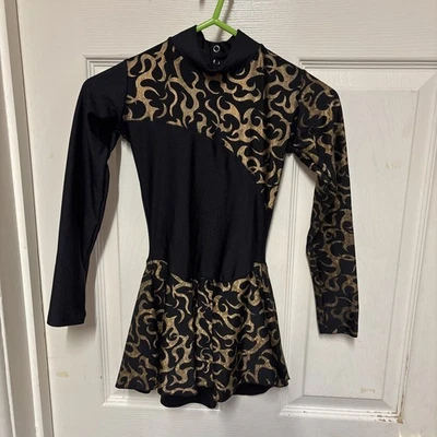 ￼Girls Black & Gold Leotard With Attached Skirt Ice-Skating Outfit Age 8-10 Year - Image 1 of 4