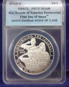 2010 $1 PROOF Boy Scouts of America Silver Dollar ANACS PR70 DCAM *DN* - Picture 1 of 2