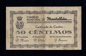 F.C. MONTALBÁN (TERUEL) 50 CTMOS JUNIO 1937 , B/C+ . - Picture 1 of 2