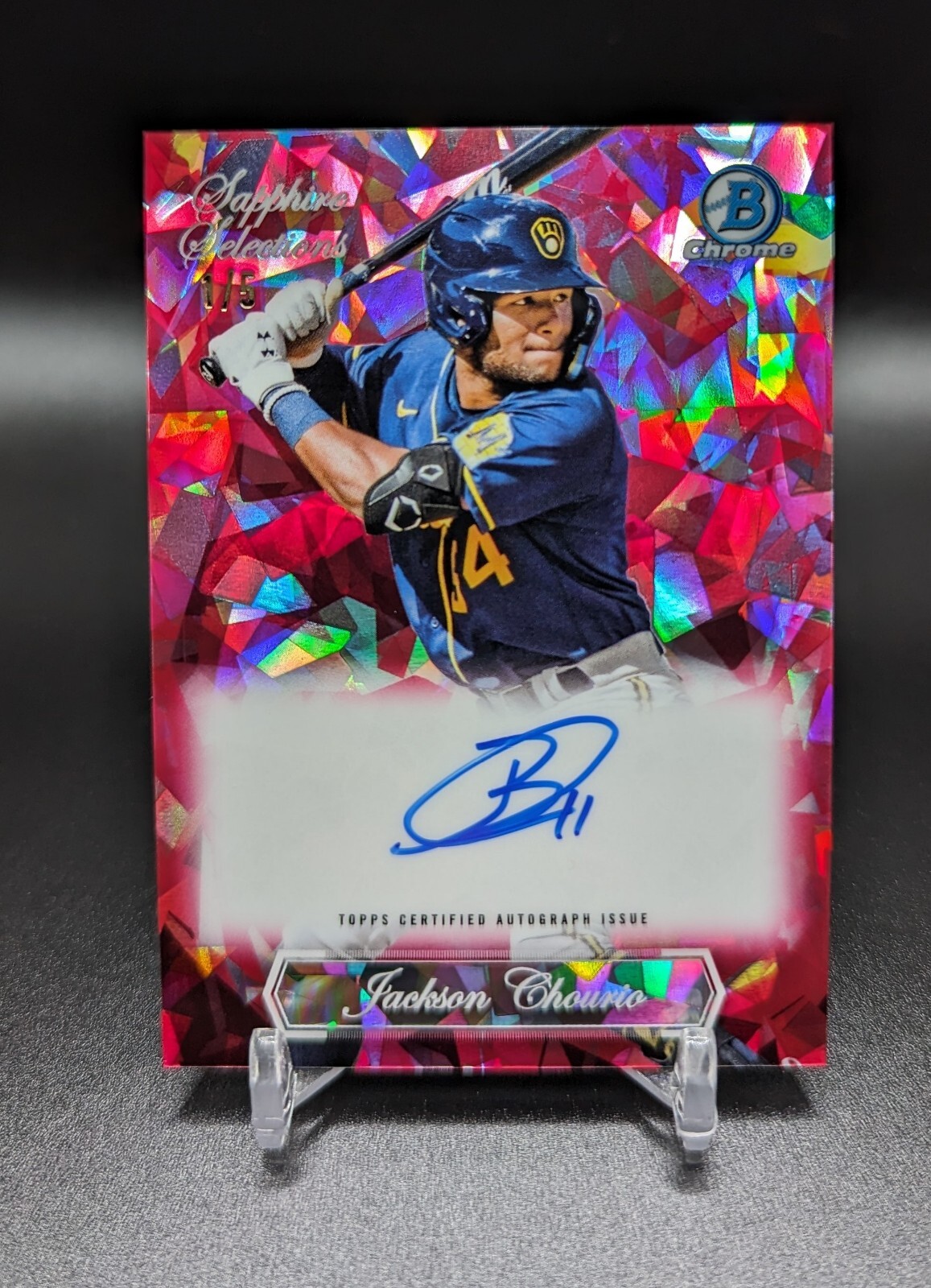 2023 Bowman Chrome Sapphire Jackson Chourio Sapphire Selections Auto Red 1 /5