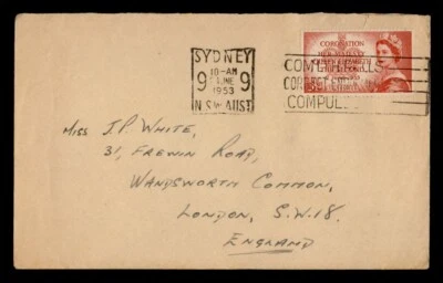 DR WHO 1953 AUSTRALIA SYDNEY SLOGAN CANCEL TO ENGLAND QEII CORONATION j00871 - Image 1 of 2