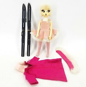 Vintage 1966 Hasbro Peteena Poodle Dog Doll Ballerina w/ Pink Fur Collar & Skis