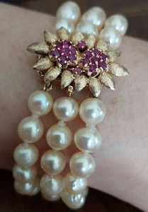 Antique Pearl Bracelet 3 Row 14Ct Gold Ruby Clasp Heavy 35.3g 17.5cm Vintage - Picture 1 of 11