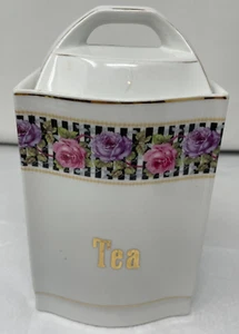 Tarro de especias de té de porcelana alemana de colección bote de almacenamiento adornos dorados rosas 8" raro - Imagen 1 de 10