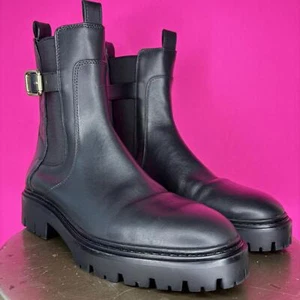 Zara Black Leather Moto Side Buckle High Ankle Chelsea Boot Sz 38 - Picture 1 of 7