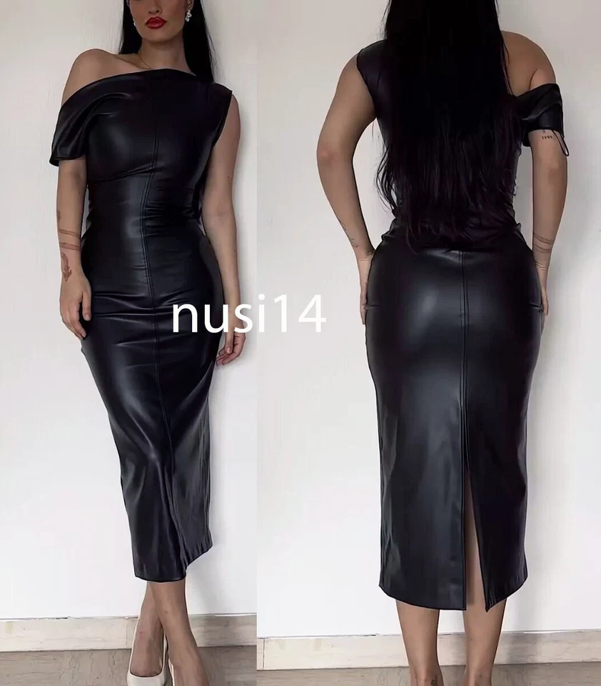 ZARA NEW WOMAN FW24 ASYMMETRIC ZW DRAPED FAUX LEATHER DRESS BLACK XS-XL 9233/910 - Image 1 of 1