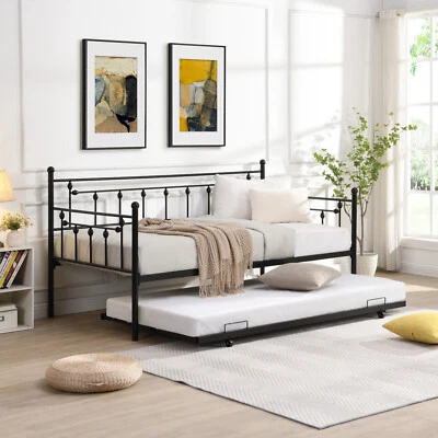 2 In 1 Convertible Twin Size Daybed W/ Pull Out Trundle Bed Frame Sofa Bed Metal - Image 1 of 4