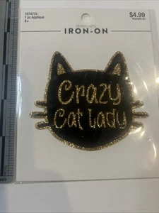 Crazy Cat Lady Gold Glitter on Black Cat Head Embroidered Iron On Patch - Picture 1 of 3
