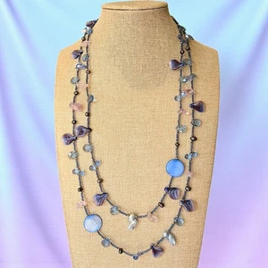 Beachy Art Glass Sterling Silver Blue Pearl Purple Quartz Beaded Necklace 56" - Picture 1 of 7