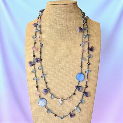 Beachy Art Glass Sterling Silver Blue Pearl Purple Quartz Beaded Necklace 56" - Image 1 of 4