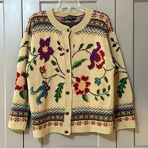 Vintage 1990s Bushwacker Chunky Knit Floral Cardigan Linen Cotton Blend Sz Large - Picture 1 of 6