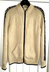 Authentic ST. JOHN SPORT Knit Beige Zipper Front SWEATER w/ Black Accents PETITE - Picture 1 of 5