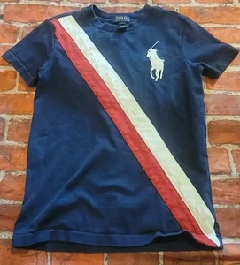 Ralph Lauren Boys T Shirt Sz 7 Guc Big Pony Stripe 3 Blue - Picture 1 of 2