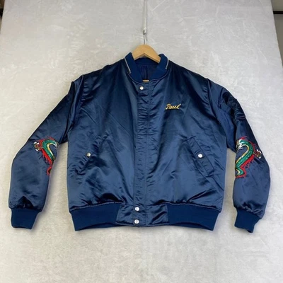 Vintage Navy Satin Bomber Jacket Dragon Embroidery USS Blue Ridge LCC-19 Men - Image 1 of 4