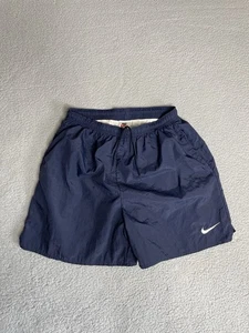 VTG 90s Nike Nylon Running Shorts Mesh Lined Mens L Navy Swoosh Drawstring USA - Picture 1 of 18