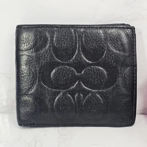 COACH Mens Black Leather Bifold Debossed CC Signature Lightly Wallet Authentic - Picture 1 of 16