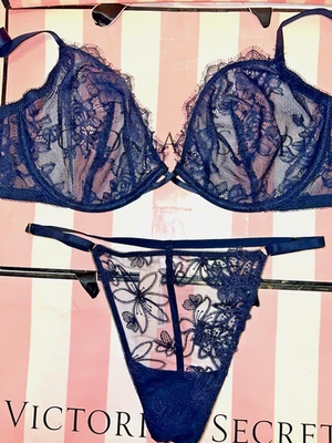 Victoria's Secret Very Sexy Bra & Thong Unlined Demi Blue 36DD XL SEQUIN - Image 1 of 4