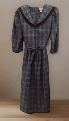 1980s Miss Dorby Plaid Dress w/ Apron Overlay, Velvet Trim, M/L or 16P, Mid-Calf - Image 1 of 4