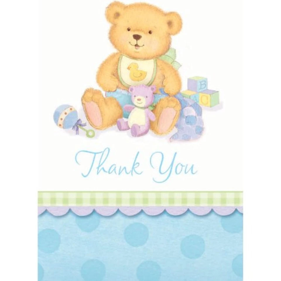 Precious Bear Blue Little Teddy Boy Baby Shower Party Thank You Notes Cards - Image 1 of 1