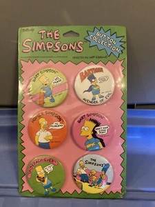 COLLECTIBLE SIMPSONS 6 BUTTON PIN SET 1990 HOMER BART NEW SEALED VINTAGE - Picture 1 of 3