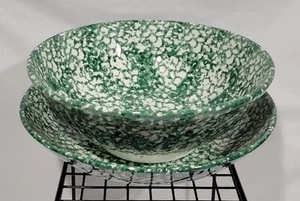 12" Roma Inc. Serving Bowl, Green & White Spongeware Pottery, Made in Italy - Picture 1 of 11