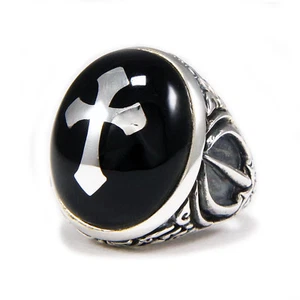 OVAL SCHWARZ ONYX KREUZ 925 STERLINGSILBER GOTHIC BIKER SCHMUCKRING jo-r008 - Bild 1 von 6