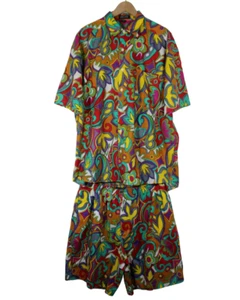 Vintage 90s men's retro psychedelic boho hippie button shirt short 2pc set - Picture 1 of 24