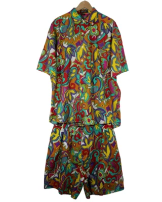 Vintage 90s men's retro psychedelic boho hippie button shirt short 2pc set - Image 1 of 4