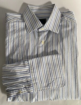 Camisa de vestir David Donahue puño francés azul gris a rayas LS para hombre 15,5 34/35 Foto 1 de 4