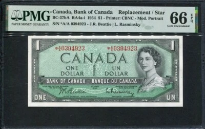 Canada 1954 , 1 Dollar, P74b, BC-37bA, Replacement,Star note,PMG 66 EPQ GEM UNC - Image 1 of 2