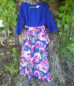 Vintage Ey Boutique Maxi Dress 8 Royal Blue & Pink Floral Taffeta Special Event - Picture 1 of 14