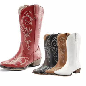 Women Western Boots Square Toe Pull On Cowboy Cowgirl Mid Calf Boots - Picture 1 of 42
