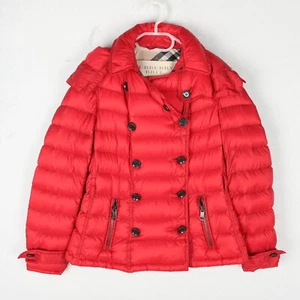 BURBERRY BRIT Down Jacket Womens MEDIUM Red Quilted Lightweight Puffer Coat Hood - Picture 1 of 17