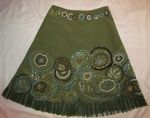 BASIL & MAUDE stretchy corduroy green beaded sequned boho wearable art skirt 2 * - Picture 1 of 8