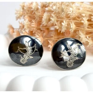 Siam Sterling Dancing Angel Nielloware Enamel Vintage Polished Oval Cufflinks - Picture 1 of 9