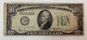 $10.00 1934 A FEDERAL RESERVE NOTE ERROR MISALIGNED SMEARED INK CIRCULATED - Picture 1 of 13
