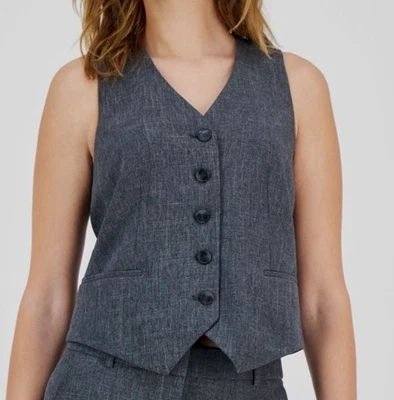 Anne Klein Women's Gray V-Neck Button-Front Sleeveless Vest Jacket Coat Size 10 - Image 1 of 2