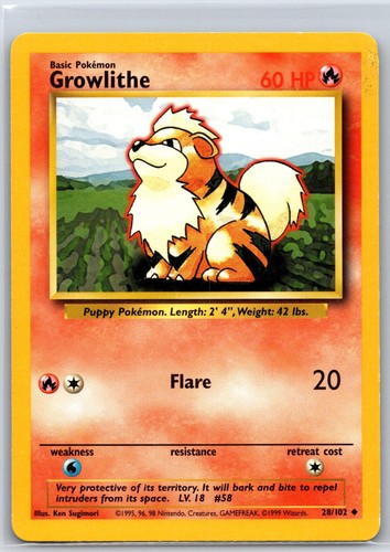 Growlithe 28/102 Uncommon Base Set Unlimited Pokemon Moderately Played ...
