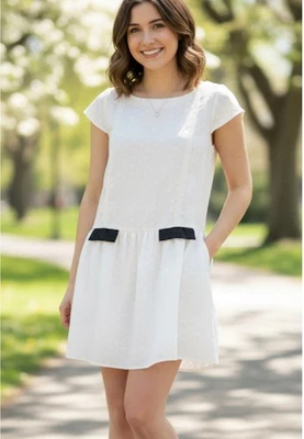 NWT BCBG Generation Size M Dress Mini Cream Sheer Drop Waist Ruffle $98  - Image 1 of 4