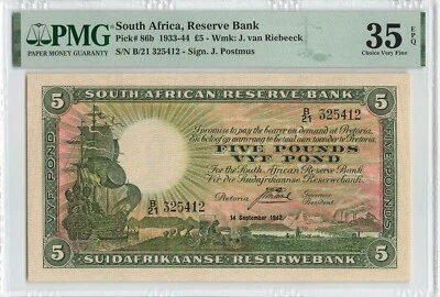 SOUTH AFRICA 5 Pounds 1942, P-86b, PMG 35 EPQ, Excellent Original Example. - Image 1 of 2