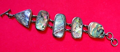 ABALONE PEARL SHELL WIDE LINK SILVER CHAIN BRACELET 8" ADJUSTABLE TOGGLE END - Image 1 of 4